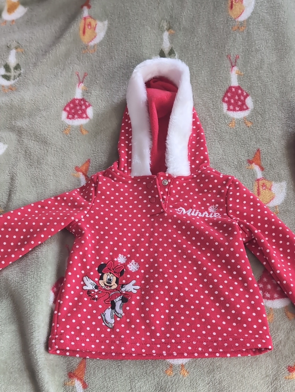 Disney Minnie Mouse Pink Polka Dot Hooded Sweatsuit with White Faux Fur Trim 12m